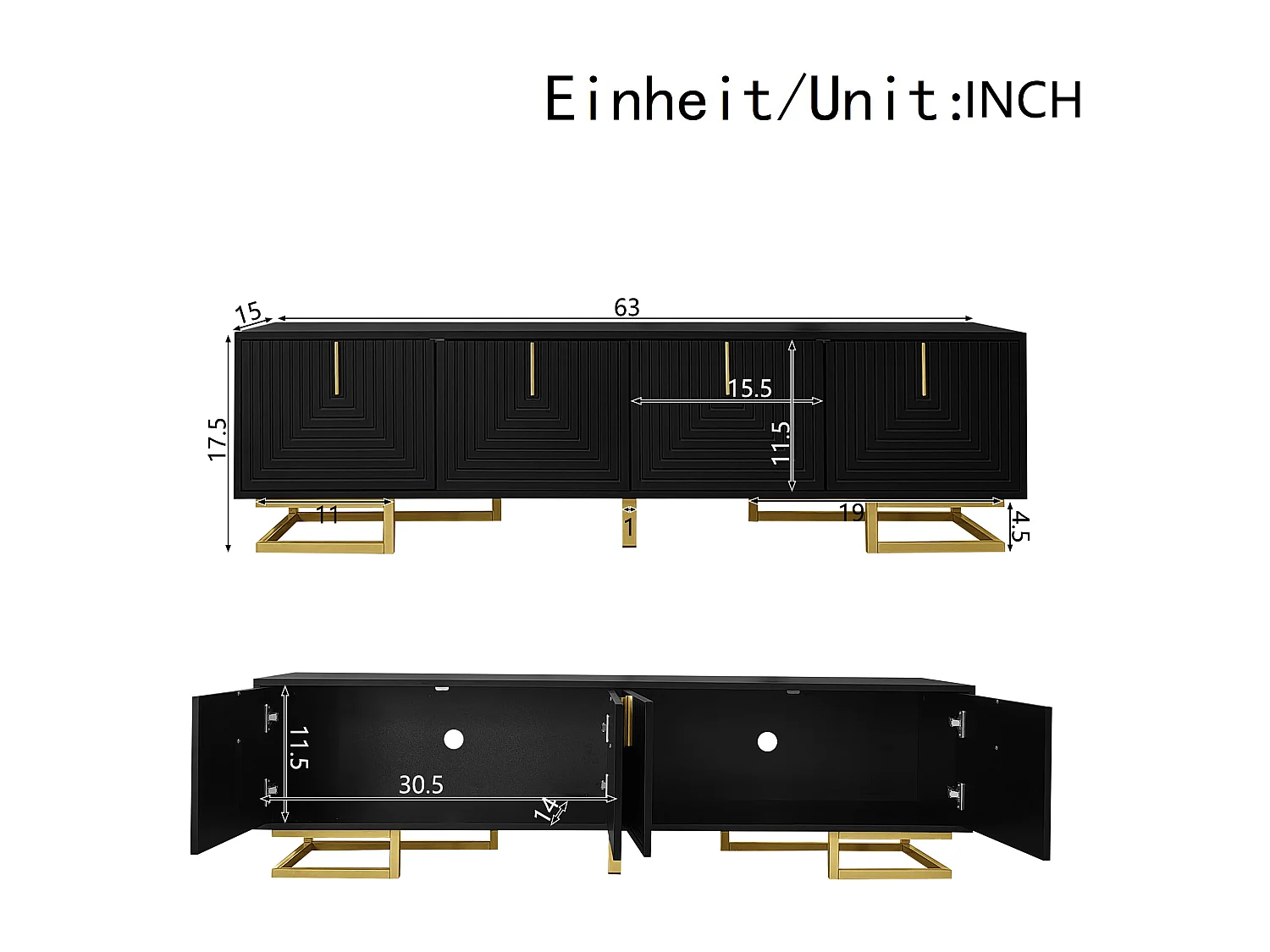 Mobile TV con 4 ante texturizzate - 160 x 38 x 44,5 cm - maniglie e piedini dorati - truciolato - nero