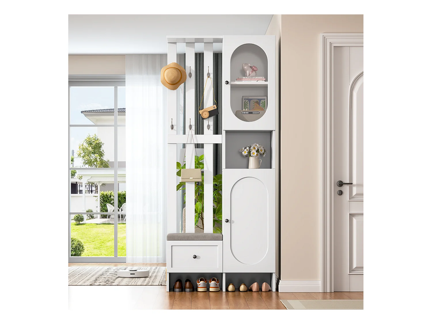 Vestiaire avec 2 armoires - 85 x 33,5 x 200 cm - ensemble de penderie + banc à chaussures - aggloméré - blanc