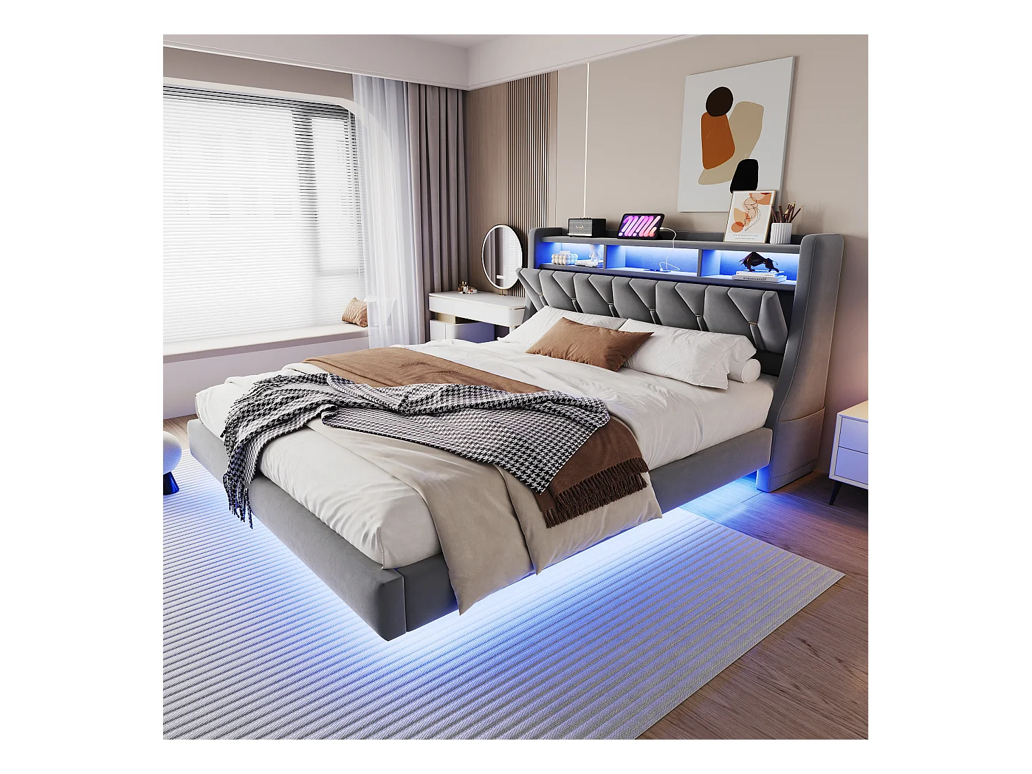Doppelbett Polsterbett - 180 x 200 cm - klappbares Polsterkopfteil mit Stauraum + LEDs - MDF - grau