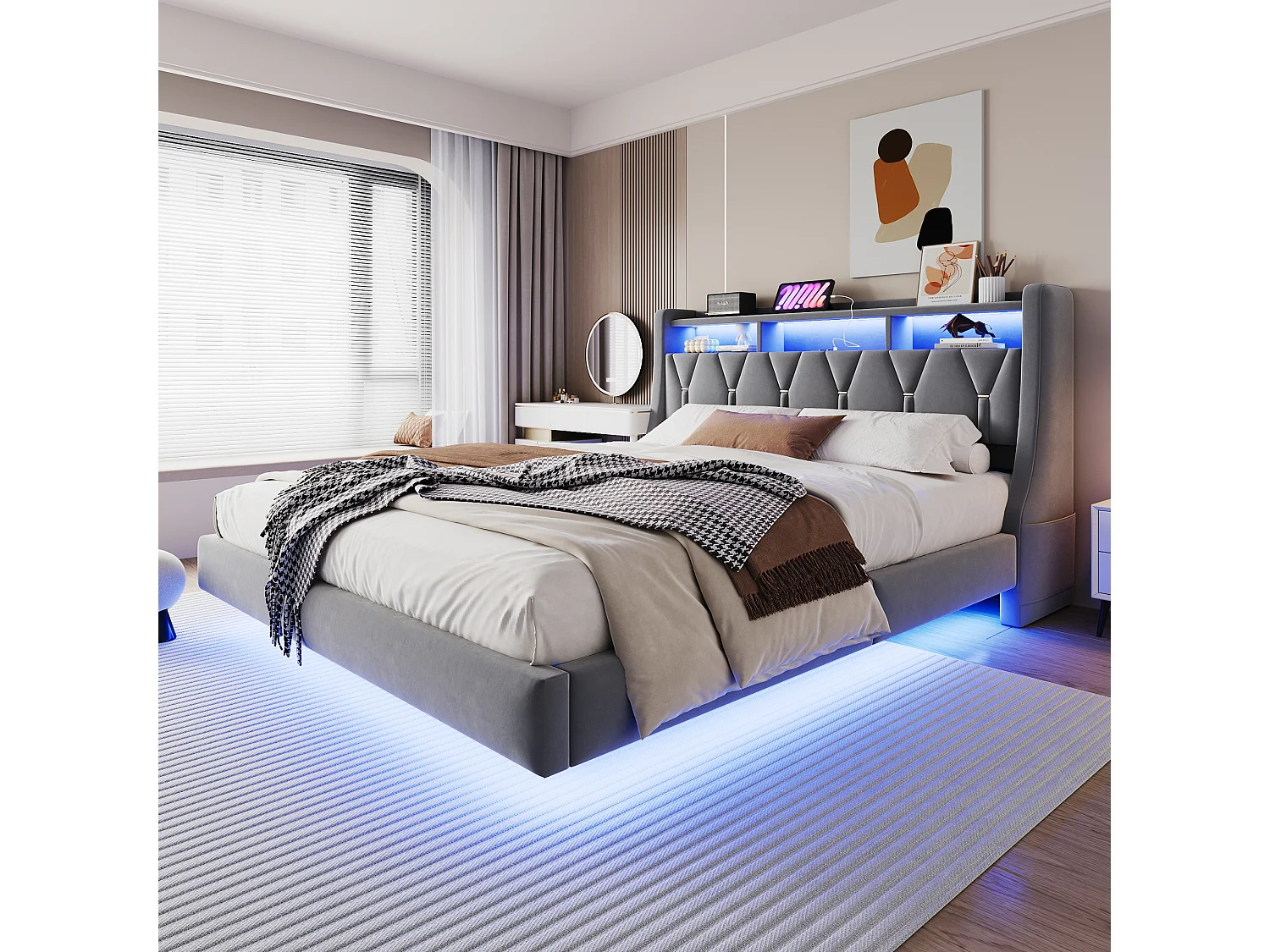 Łóżko tapicerowane dwuosobowe - 180 x 200 cm - składany tapicerowany zagłówek ze schowkiem + diody LED - płyta MDF - szare