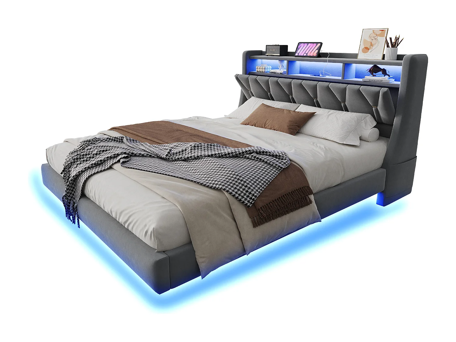 Łóżko tapicerowane dwuosobowe - 180 x 200 cm - składany tapicerowany zagłówek ze schowkiem + diody LED - płyta MDF - szare