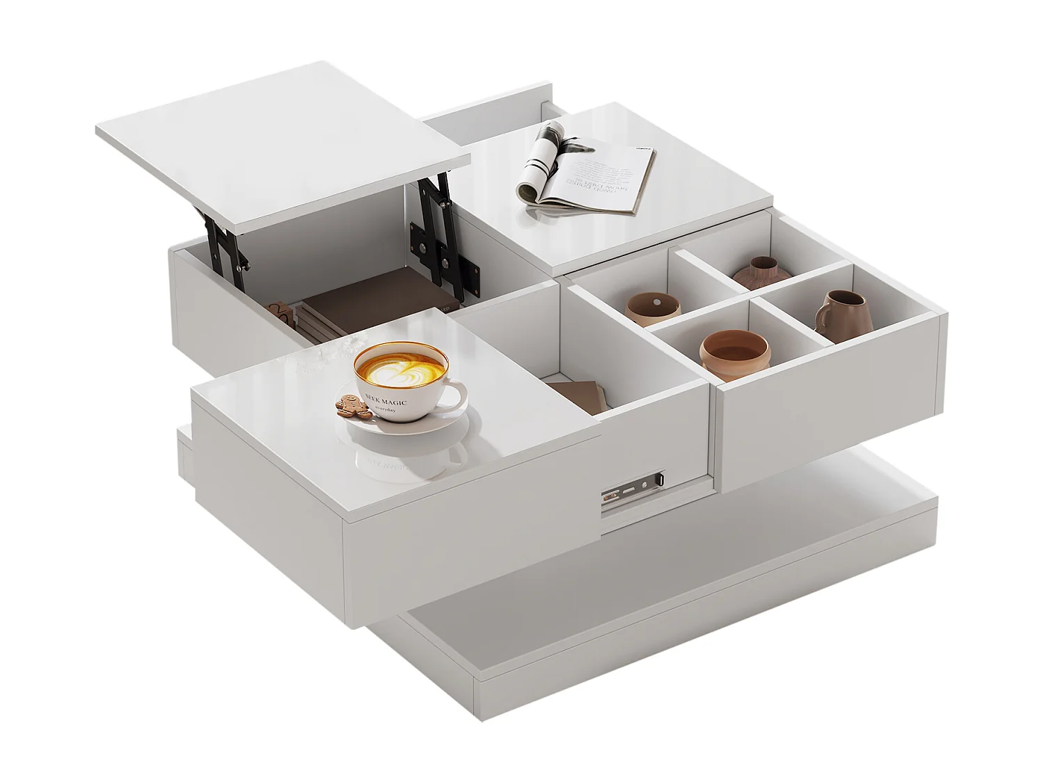 Table basse relevable - 75.5 x 75.5 x 38 cm - table de salon à 4 compartiments - aggloméré - blanc