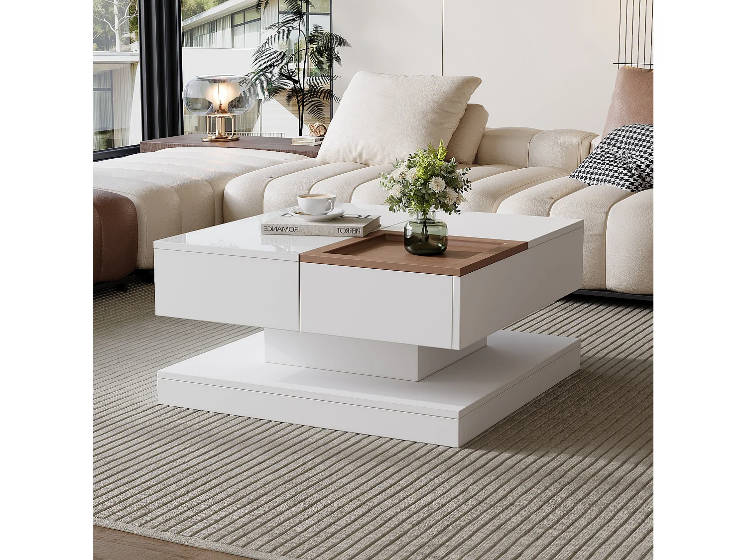 Table basse relevable - 75.5 x 75.5 x 38 cm - table de salon à 4 compartiments - aggloméré - blanc