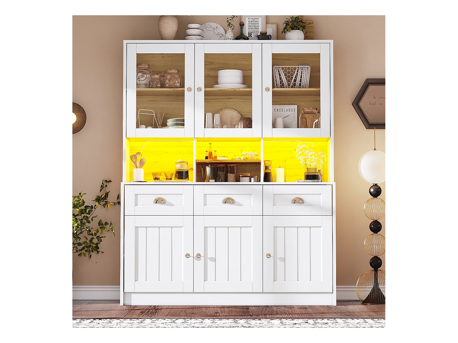 Buffet de cuisine haut - 140 x 40 x 175cm - avec portes + Leds + 3 tiroirss - MDF - blanc