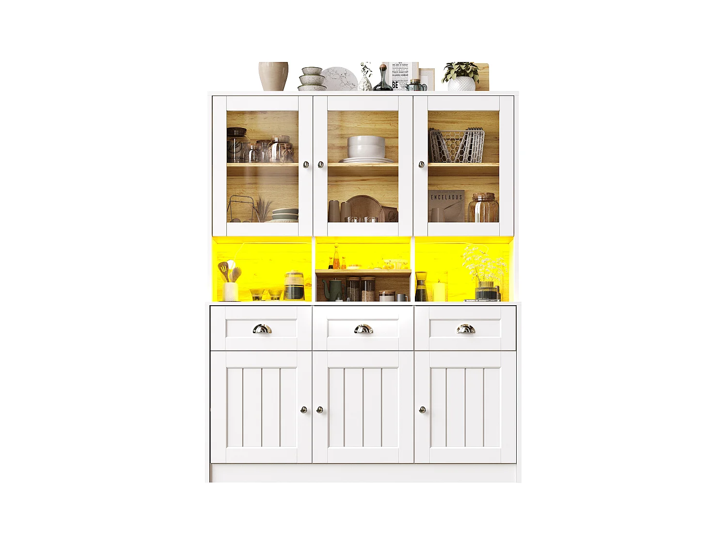 Buffet de cuisine haut - 140 x 40 x 175cm - avec portes + Leds + 3 tiroirss - MDF - blanc