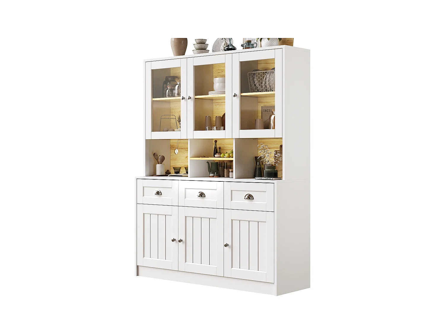 Buffet de cuisine haut - 140 x 40 x 175cm - avec portes + Leds + 3 tiroirss - MDF - blanc