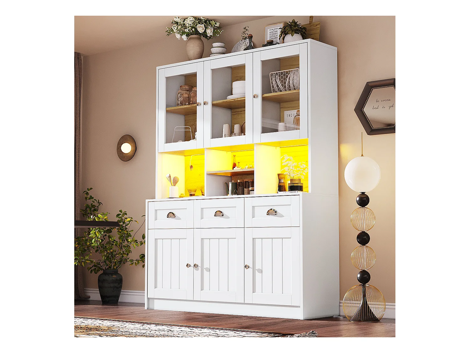 Buffet de cuisine haut - 140 x 40 x 175cm - avec portes + Leds + 3 tiroirss - MDF - blanc