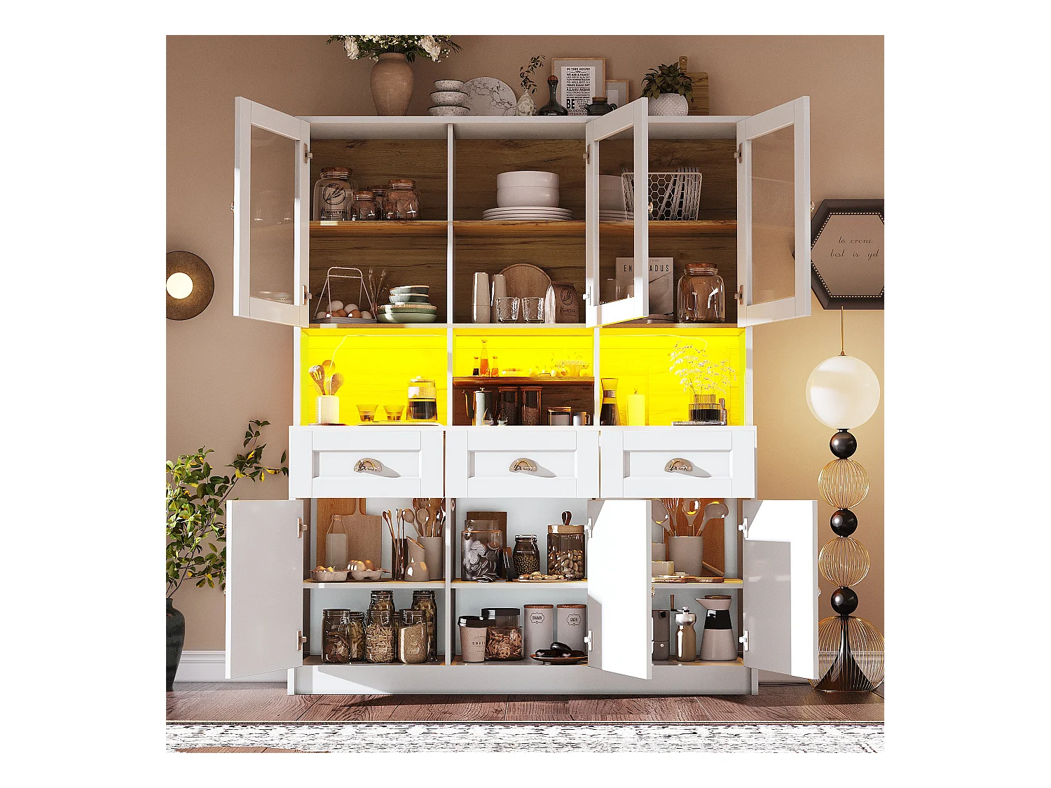 Buffet de cuisine haut - 140 x 40 x 175cm - avec portes + Leds + 3 tiroirss - MDF - blanc