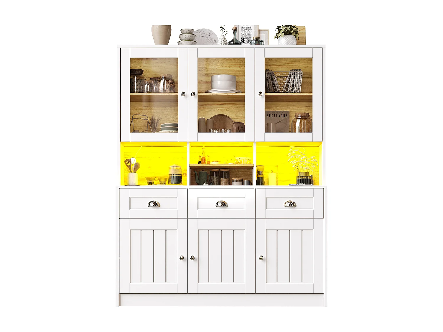Buffet de cuisine haut - 140 x 40 x 175cm - avec portes + Leds + 3 tiroirss - MDF - blanc