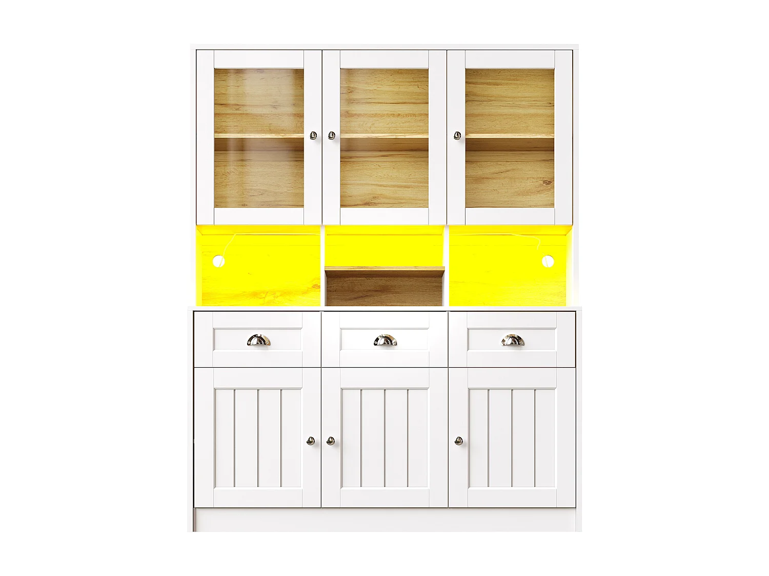 Buffet de cuisine haut - 140 x 40 x 175cm - avec portes + Leds + 3 tiroirss - MDF - blanc