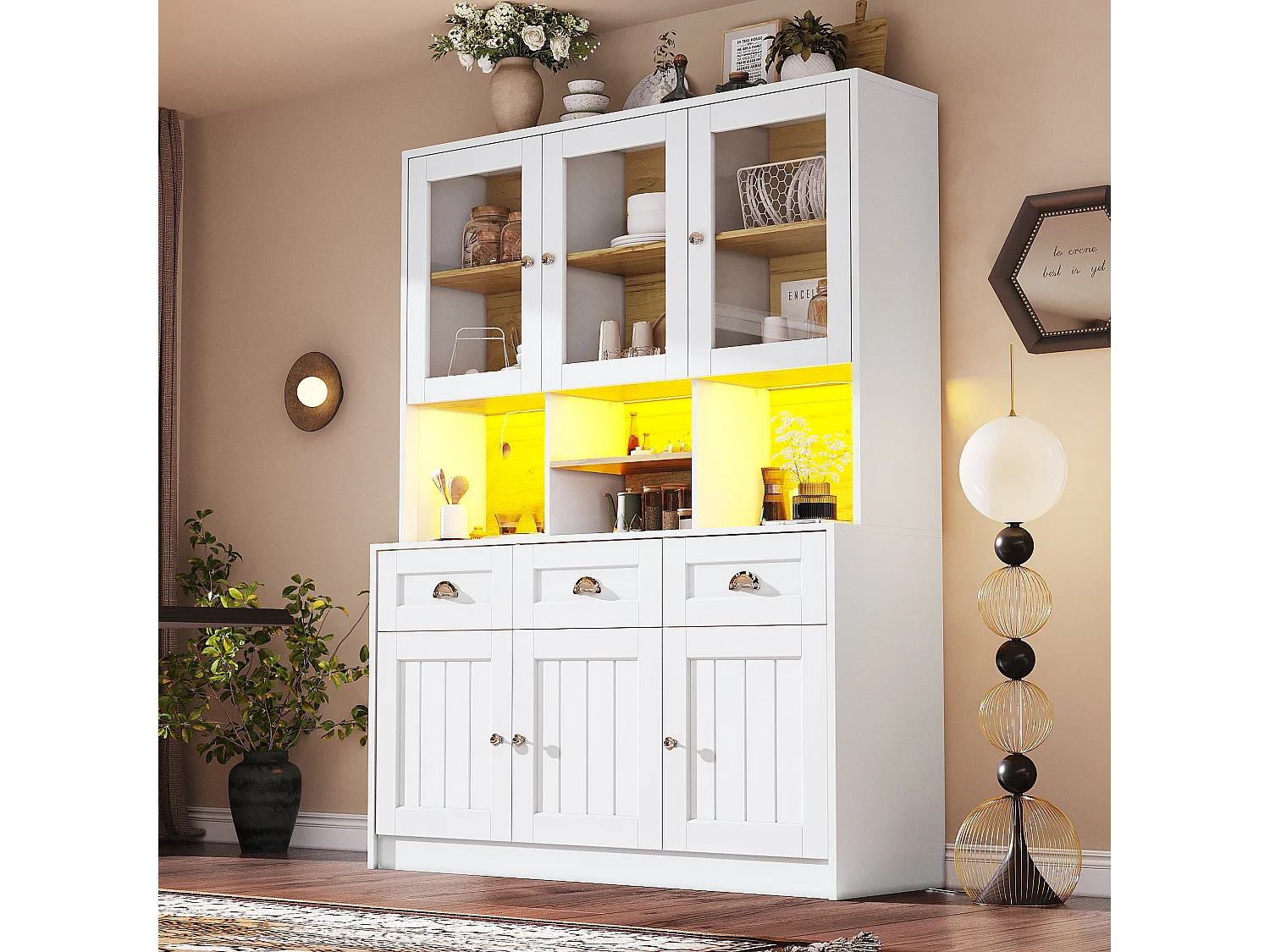 Buffet de cuisine haut - 140 x 40 x 175cm - avec portes + Leds + 3 tiroirss - MDF - blanc