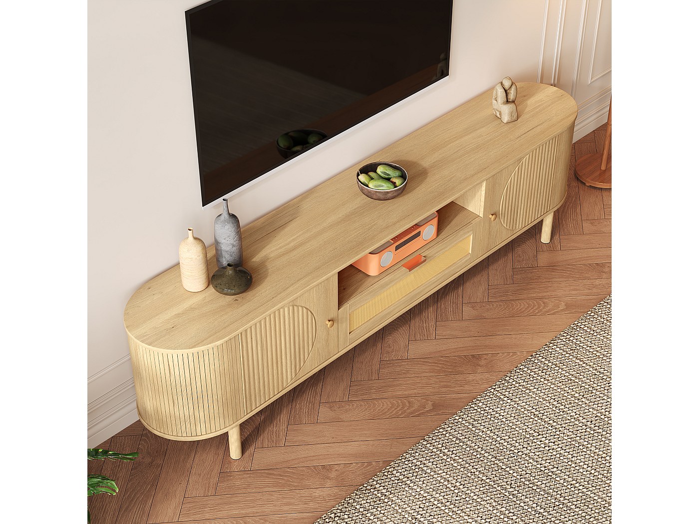 TV-meubel Met 3 Deuren - 120 X 35 X 58 Cm - Gouden Handgrepen En Poten - MDF Spaanplaat Zwart En Houtkleur