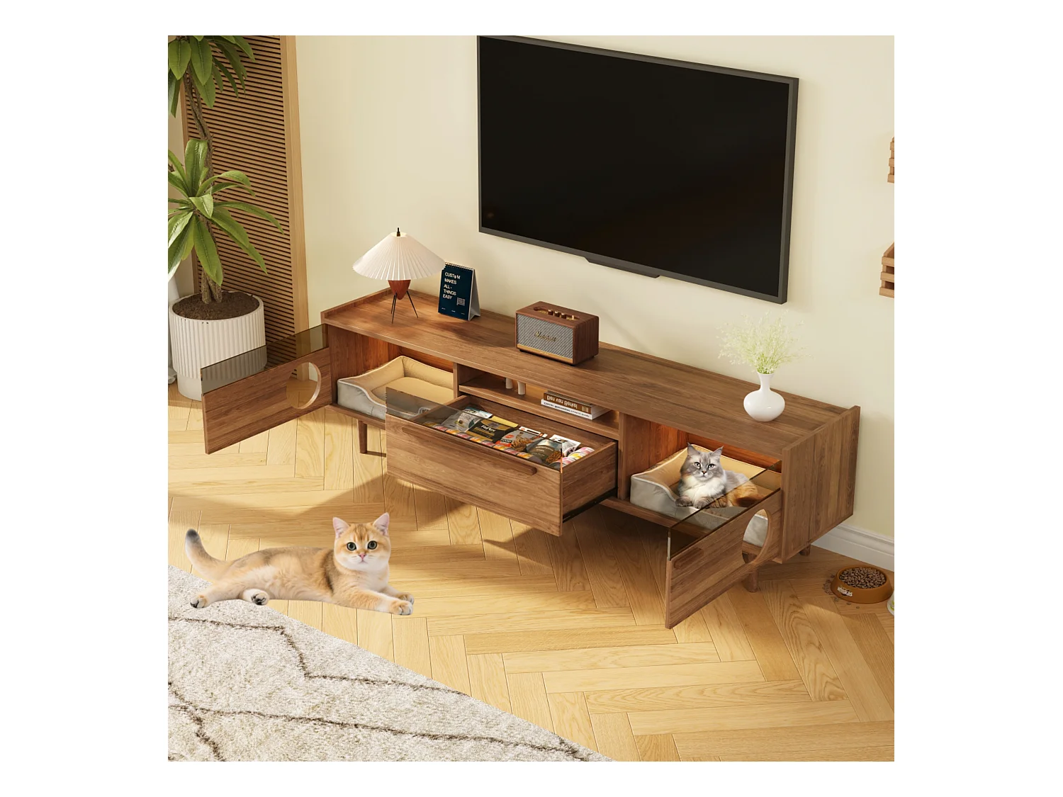 Meuble TV moderne - 180 x 40 x 50 cm - avec Leds + coin repos pour chat + 2 portes + 1 tiroir - MDF - naturel