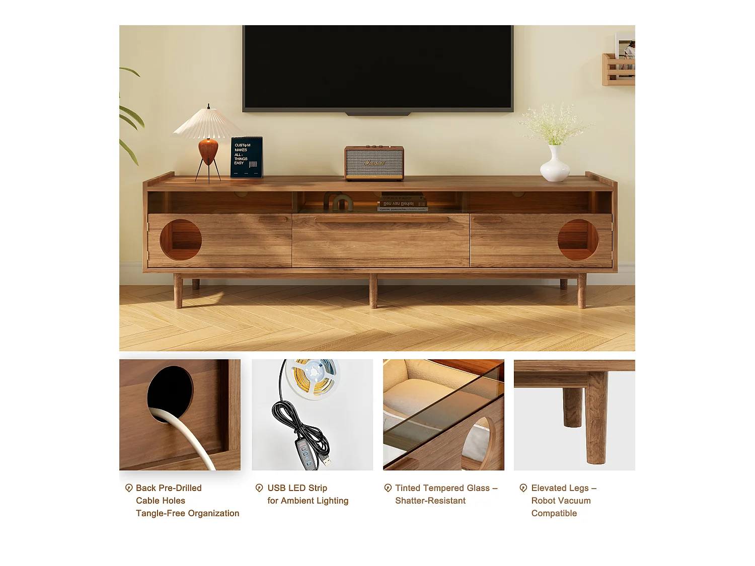 Meuble TV moderne - 180 x 40 x 50 cm - avec Leds + coin repos pour chat + 2 portes + 1 tiroir - MDF - naturel