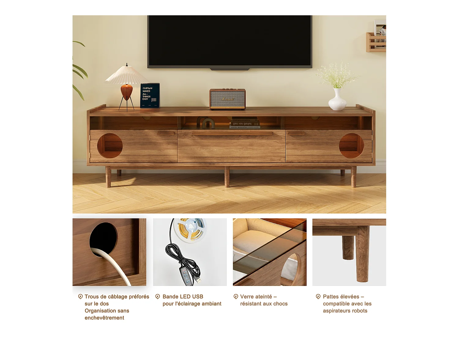Meuble TV moderne - 180 x 40 x 50 cm - avec Leds + coin repos pour chat + 2 portes + 1 tiroir - MDF - naturel
