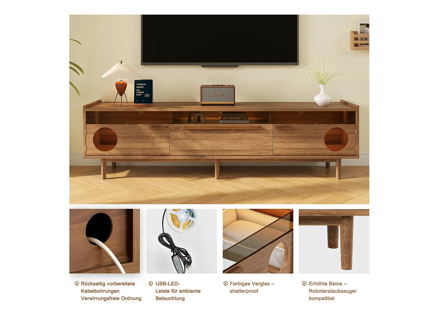 Meuble TV moderne - 180 x 40 x 50 cm - avec Leds + coin repos pour chat + 2 portes + 1 tiroir - MDF - naturel