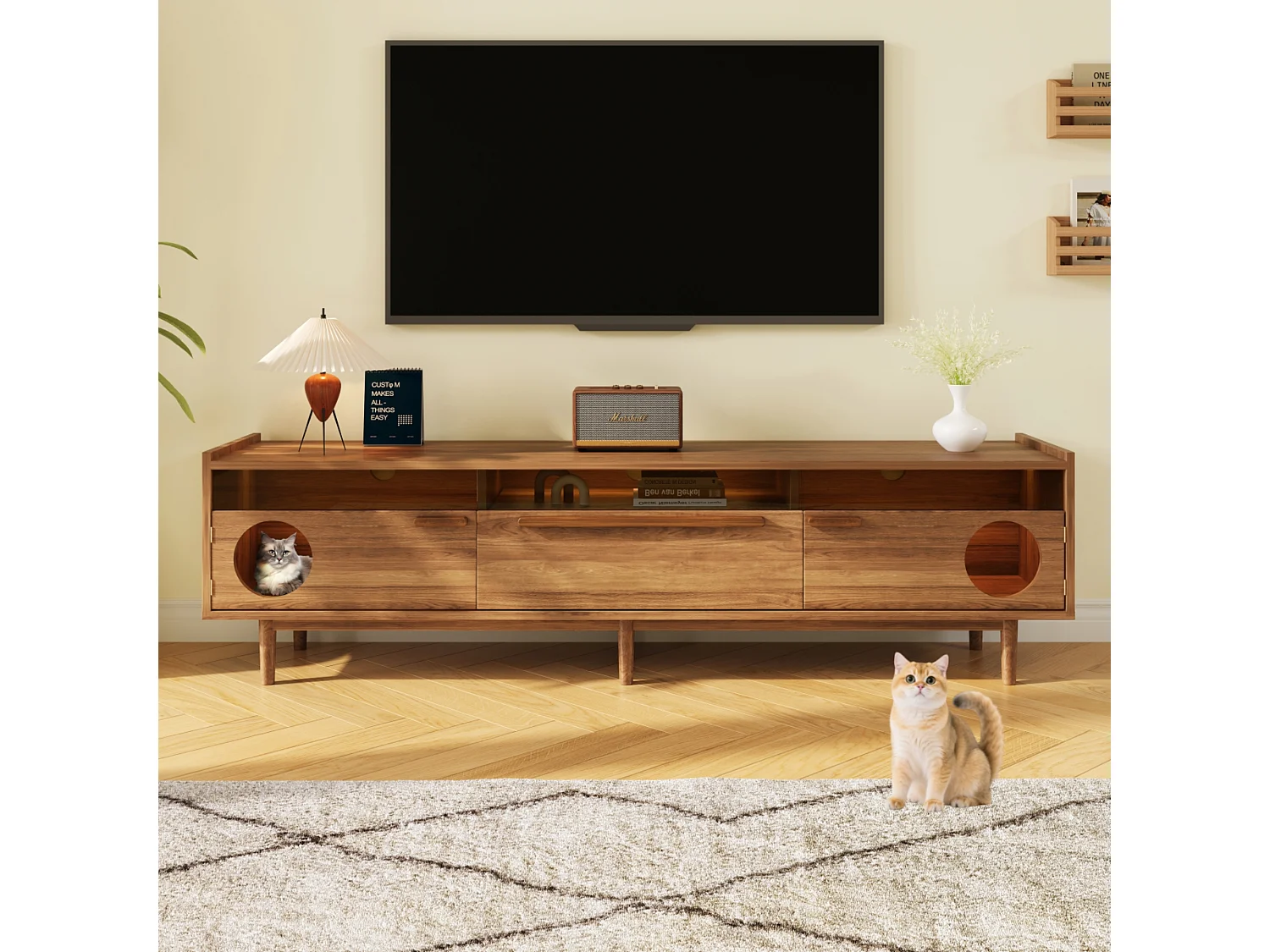 Moderner TV-Schrank - 180 x 40 x 50 cm - mit LEDs + Katzenruhebereich + 2 Türen + 1 Schublade - MDF - natur