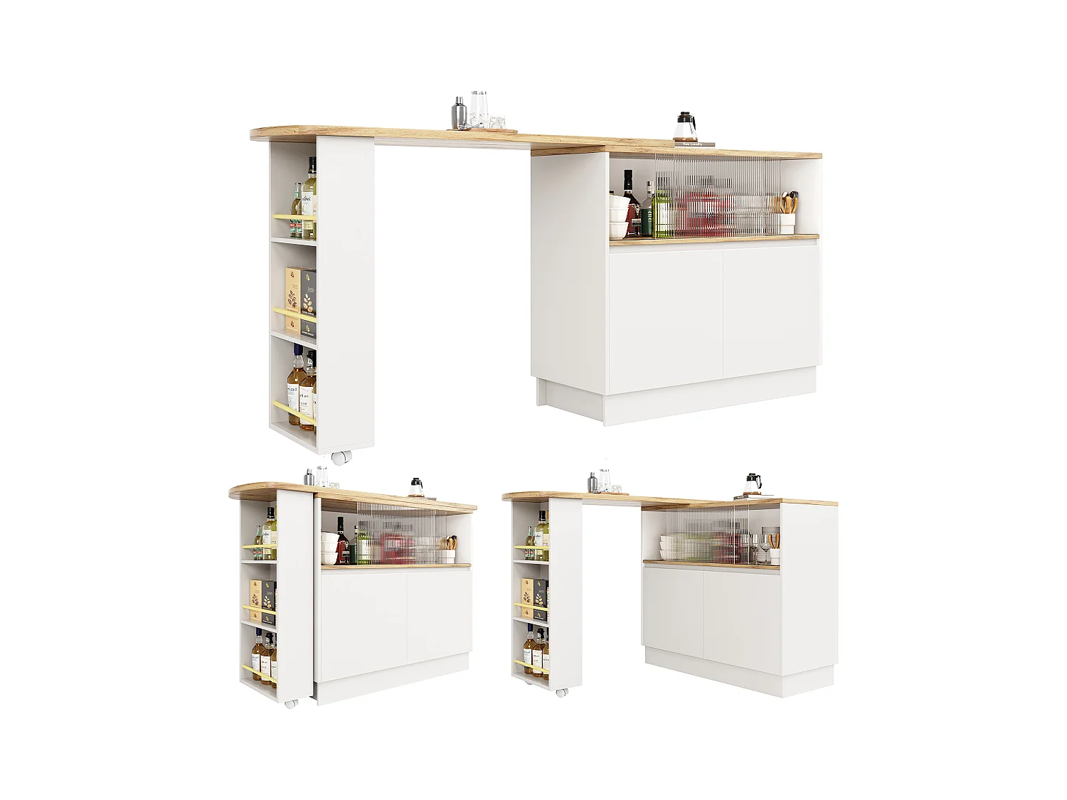 Meuble de bar rotatif - 120 x 90 x 103 cm - avec étagères et verre + 4 portes - MDF - blanc