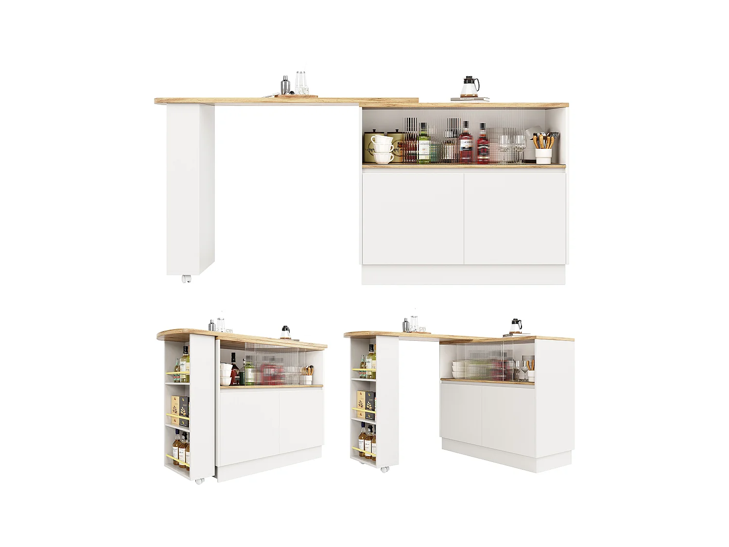 Meuble de bar rotatif - 120 x 90 x 103 cm - avec étagères et verre + 4 portes - MDF - blanc