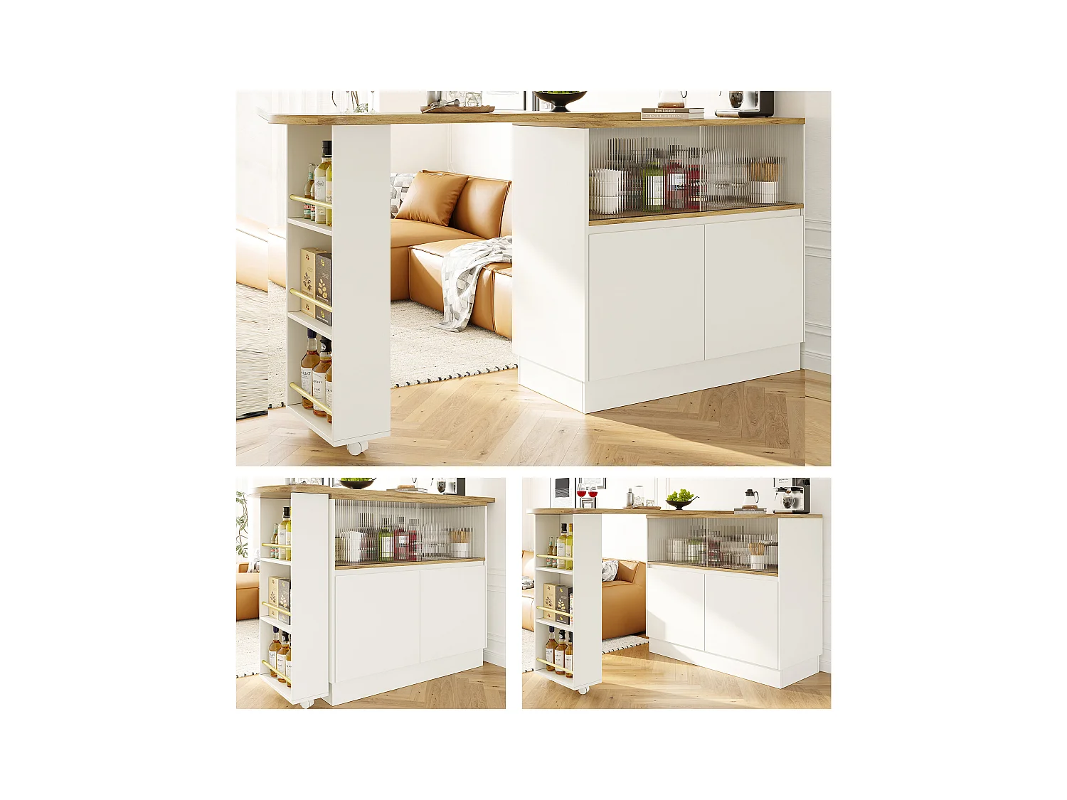 Meuble de bar rotatif - 120 x 90 x 103 cm - avec étagères et verre + 4 portes - MDF - blanc