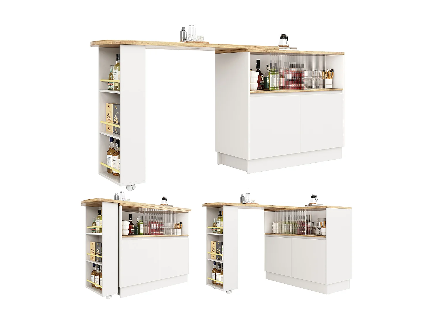 Meuble de bar rotatif - 120 x 90 x 103 cm - avec étagères et verre + 4 portes - MDF - blanc