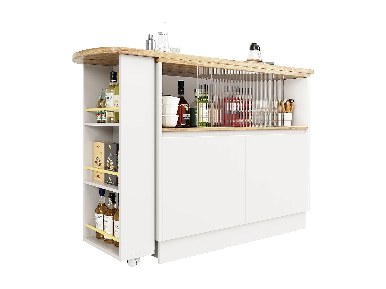 Meuble de bar rotatif - 120 x 90 x 103 cm - avec étagères et verre + 4 portes - MDF - blanc