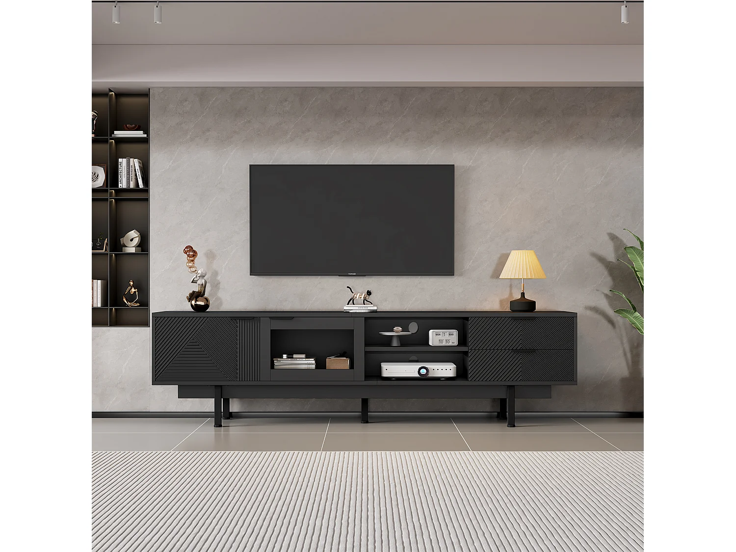 Meuble TV moderne - 200 x 40 x 50.5 cm - avec 2 portes + 2 tiroirs - pour TV 80 pouces - aggloméré - noir