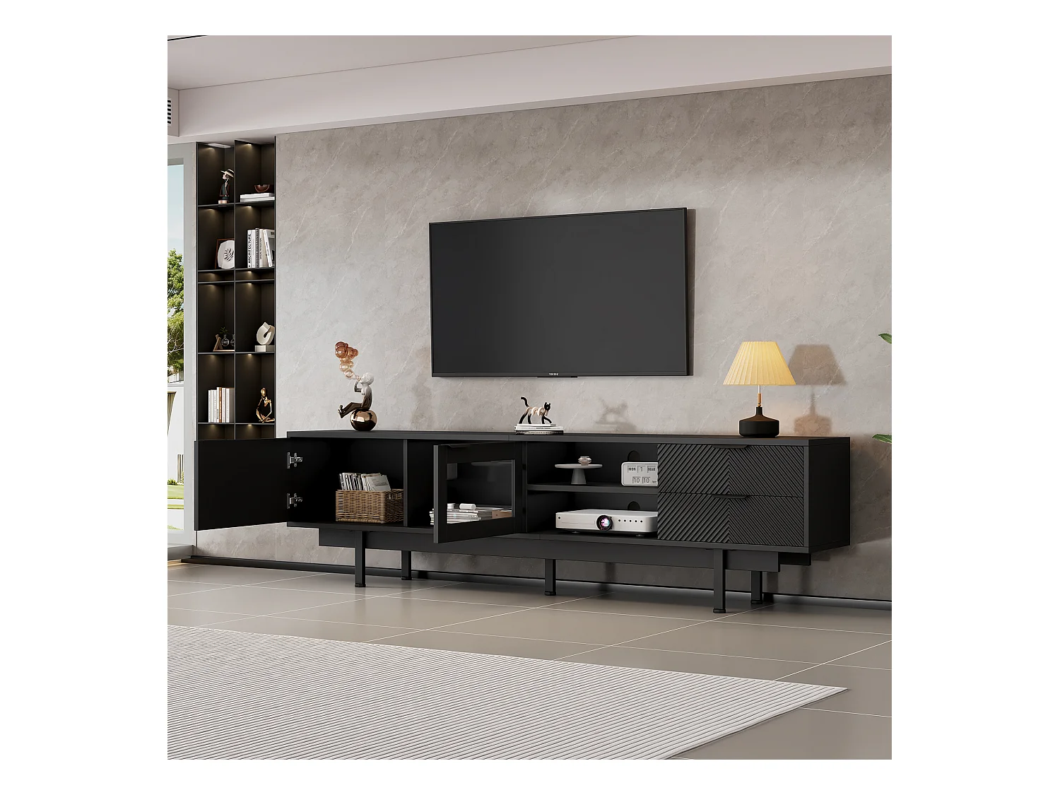 Meuble TV moderne - 200 x 40 x 50.5 cm - avec 2 portes + 2 tiroirs - pour TV 80 pouces - aggloméré - noir