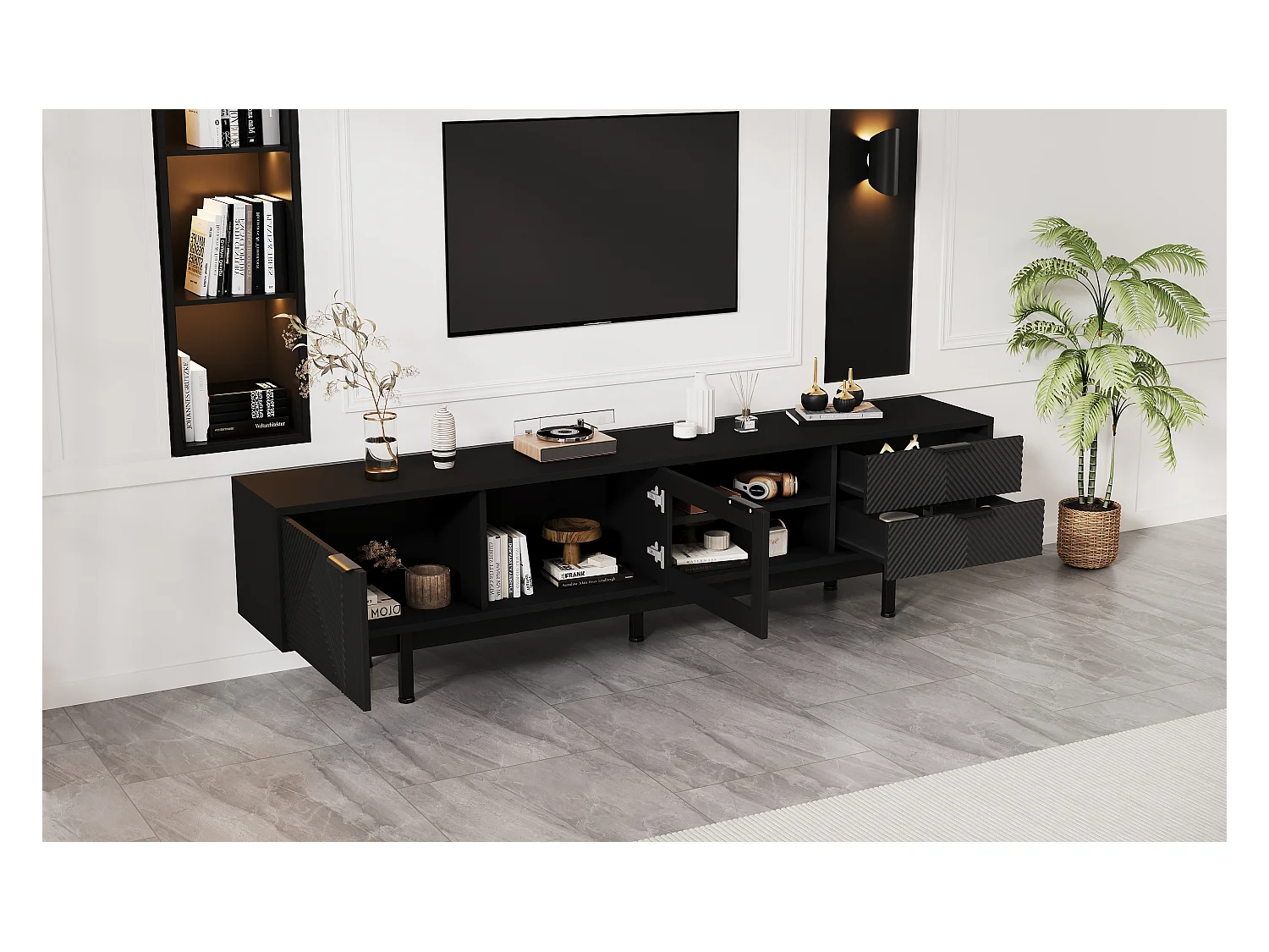 Meuble TV moderne - 200 x 40 x 50.5 cm - avec 2 portes + 2 tiroirs - pour TV 80 pouces - aggloméré - noir