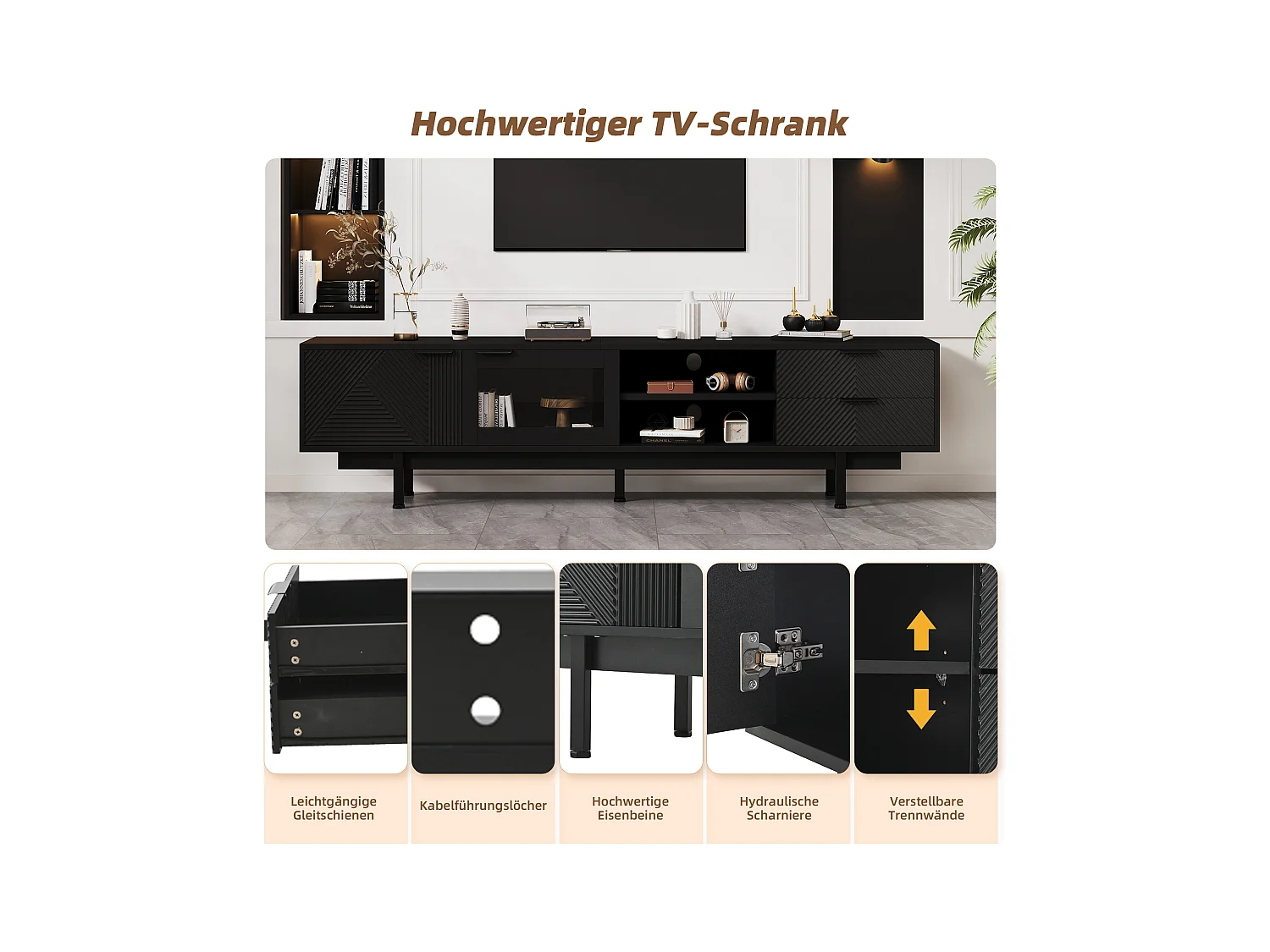 Meuble TV moderne - 200 x 40 x 50.5 cm - avec 2 portes + 2 tiroirs - pour TV 80 pouces - aggloméré - noir