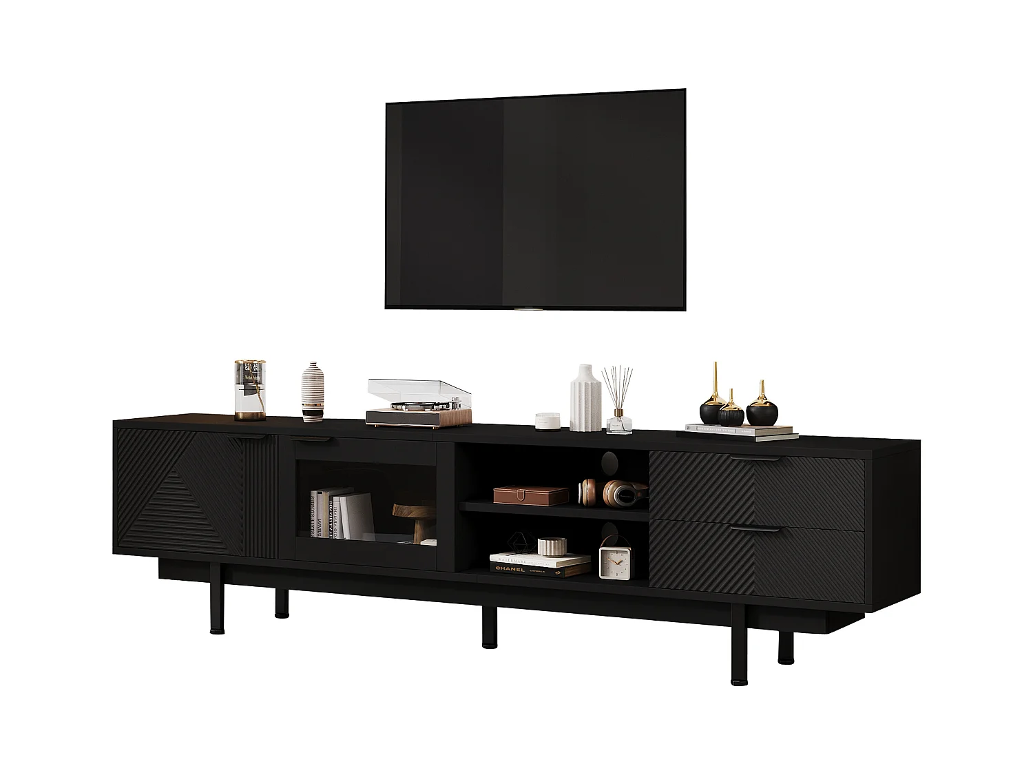 Meuble TV moderne - 200 x 40 x 50.5 cm - avec 2 portes + 2 tiroirs - pour TV 80 pouces - aggloméré - noir