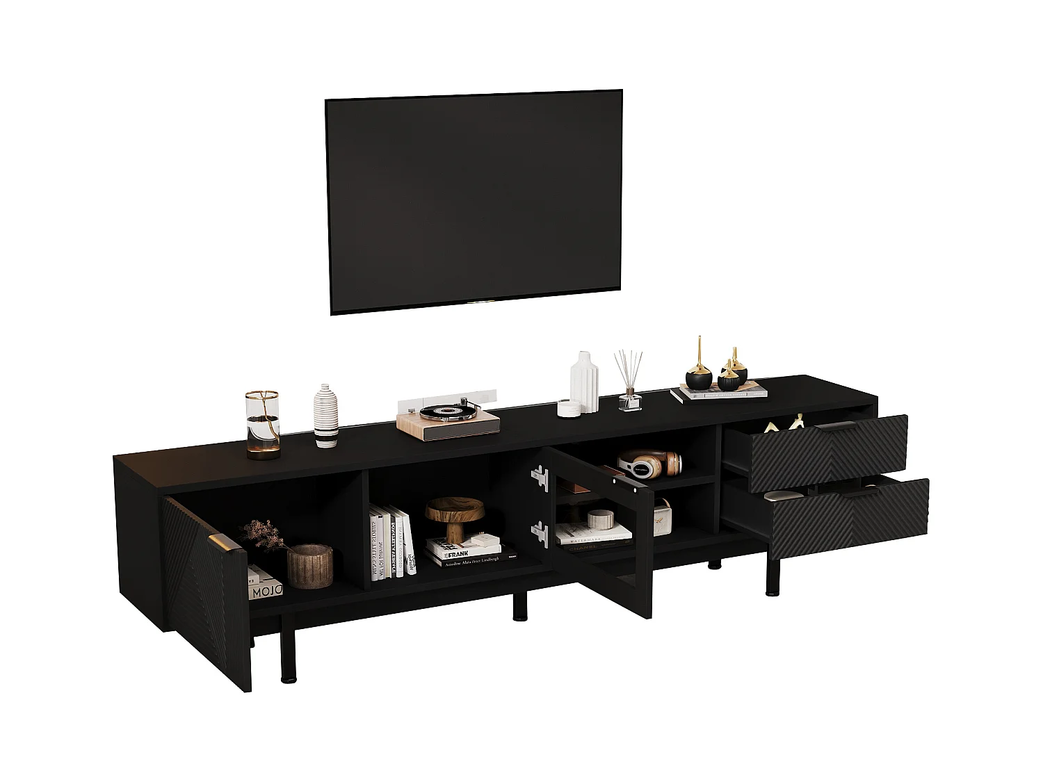 Meuble TV moderne - 200 x 40 x 50.5 cm - avec 2 portes + 2 tiroirs - pour TV 80 pouces - aggloméré - noir