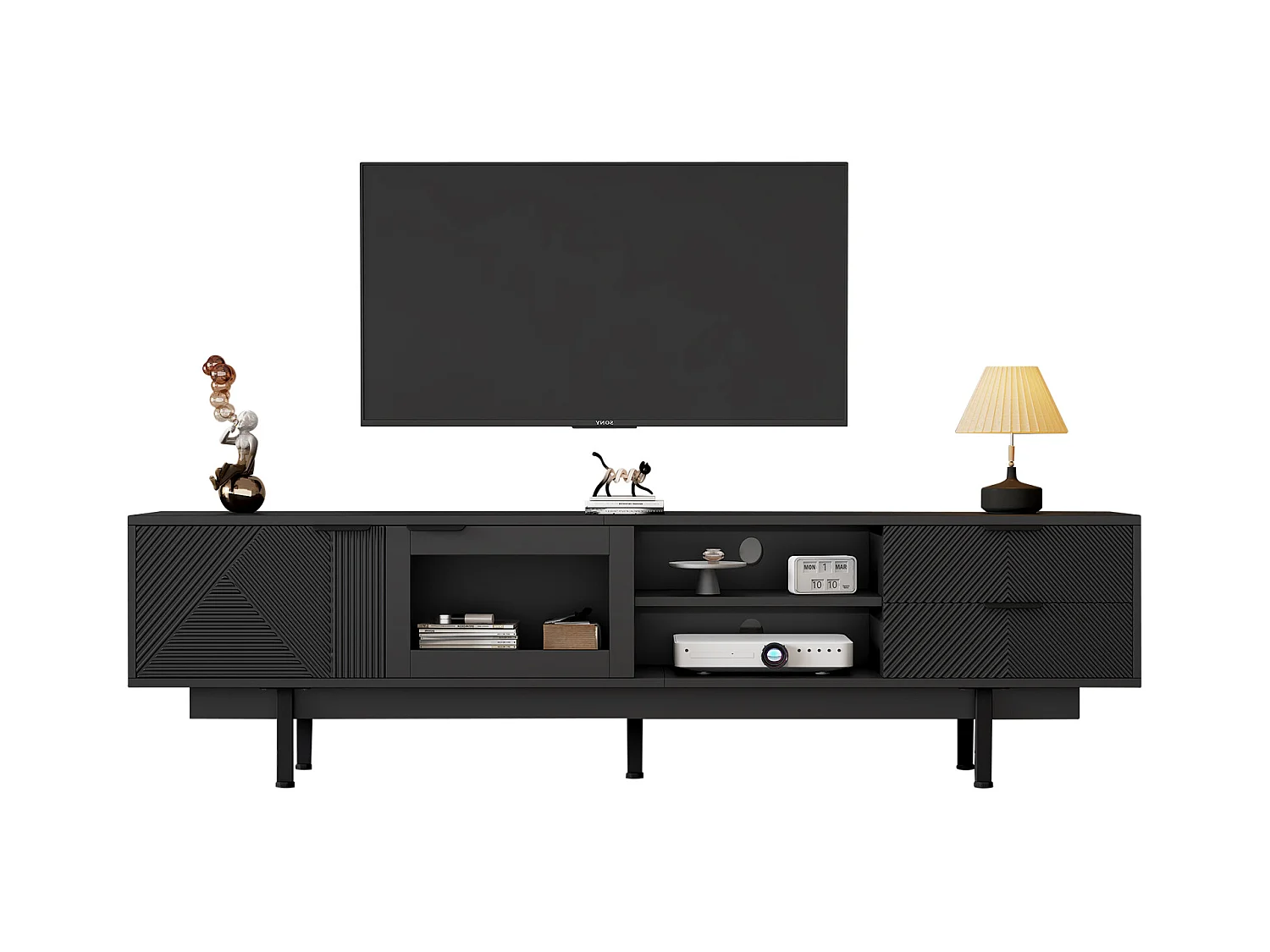 Meuble TV moderne - 200 x 40 x 50.5 cm - avec 2 portes + 2 tiroirs - pour TV 80 pouces - aggloméré - noir