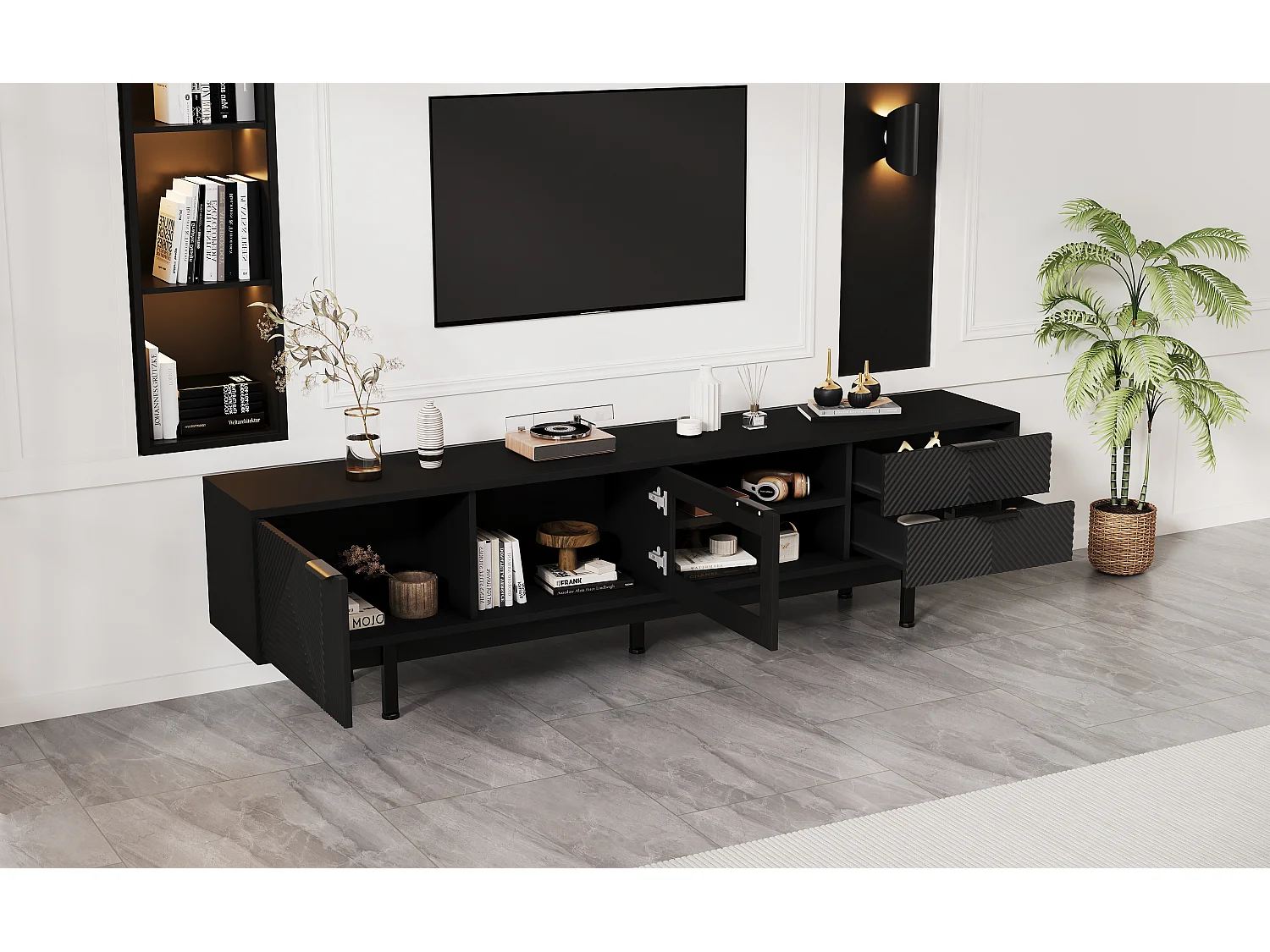 Moderner TV-Schrank - 200 x 40 x 50,5 cm - mit 2 Türen + 2 Schubladen - für 80 Zoll Fernseher - Spanplatte - Schwarz