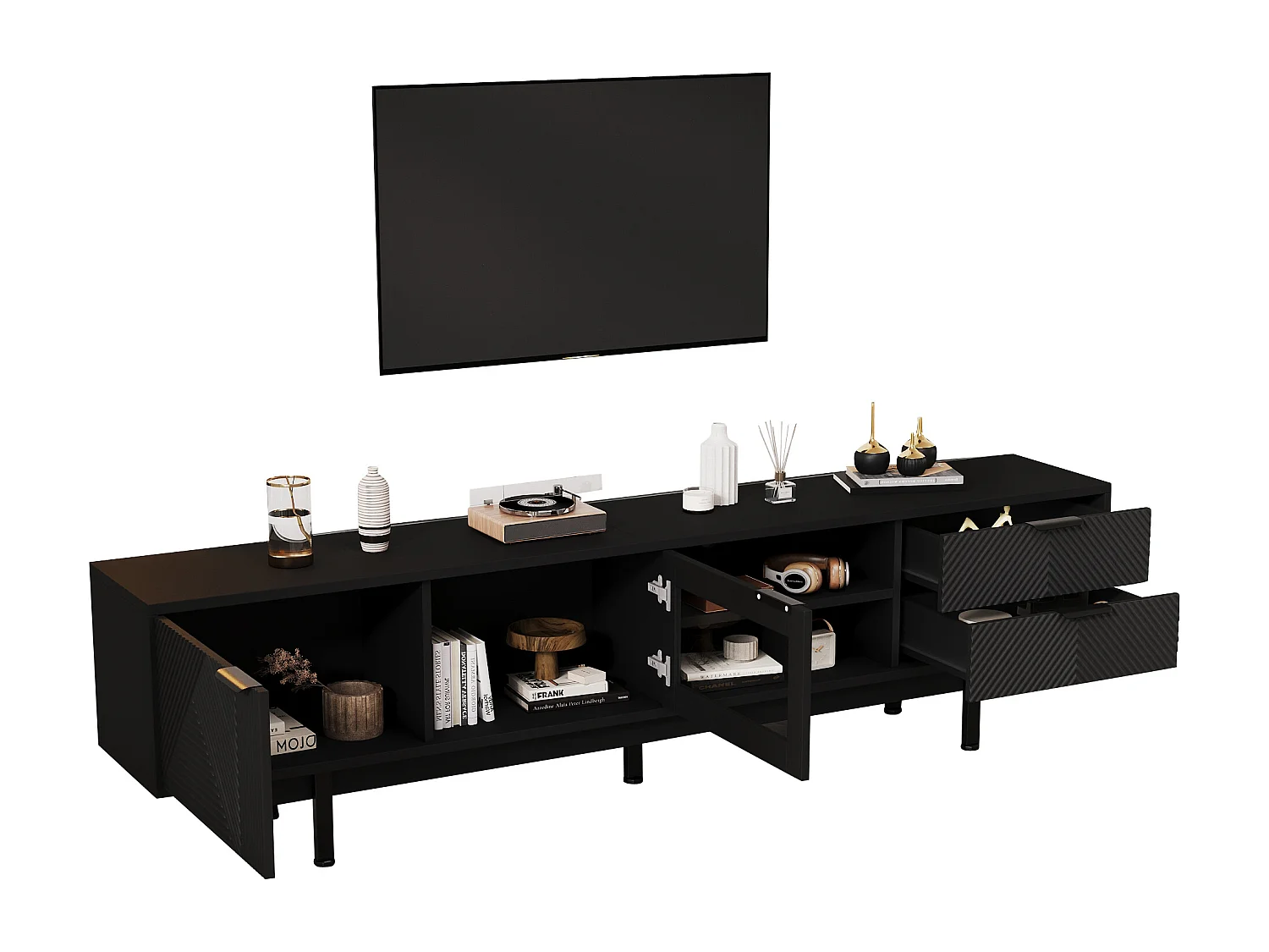 Moderner TV-Schrank - 200 x 40 x 50,5 cm - mit 2 Türen + 2 Schubladen - für 80 Zoll Fernseher - Spanplatte - Schwarz