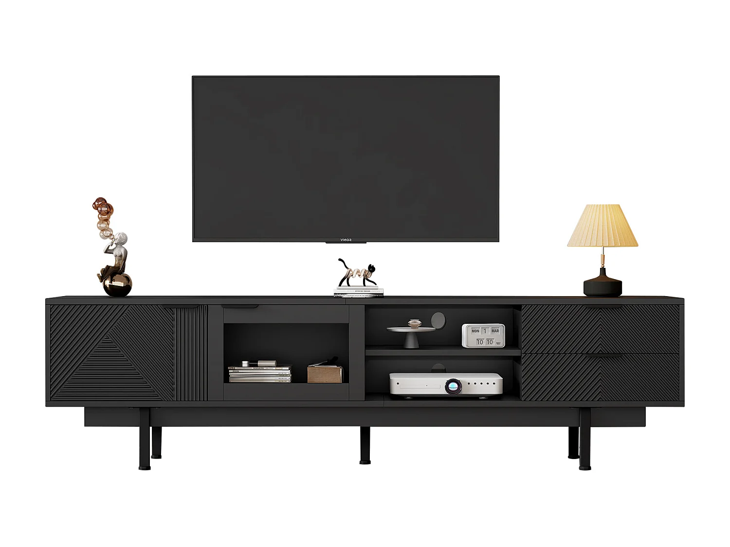Moderner TV-Schrank - 200 x 40 x 50,5 cm - mit 2 Türen + 2 Schubladen - für 80 Zoll Fernseher - Spanplatte - Schwarz