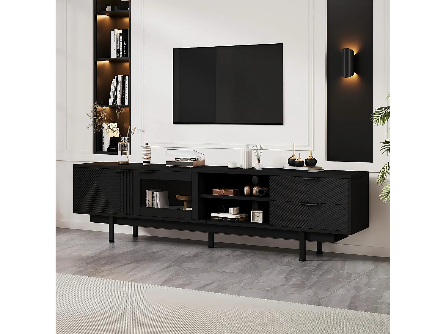 Moderne tv-kast - 200 x 40 x 50,5 cm - met 2 deuren + 2 laden - voor 80 inch tv - spaanplaat - zwart