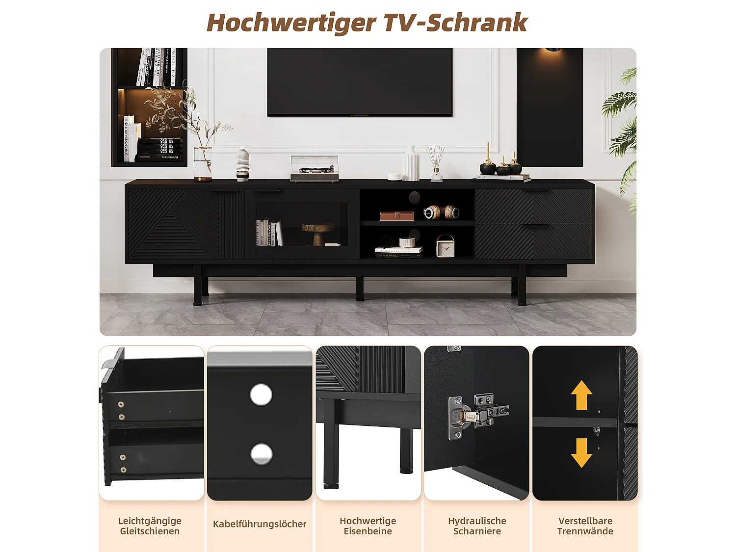 Moderne tv-kast - 200 x 40 x 50,5 cm - met 2 deuren + 2 laden - voor 80 inch tv - spaanplaat - zwart