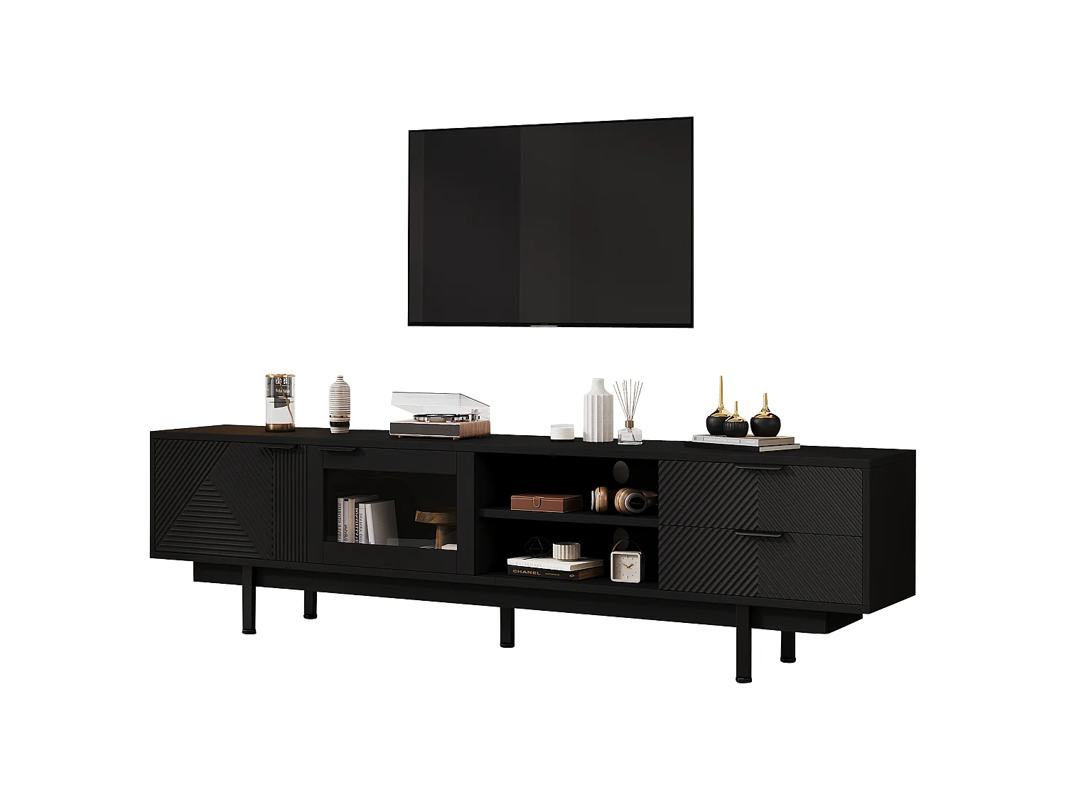 Moderne tv-kast - 200 x 40 x 50,5 cm - met 2 deuren + 2 laden - voor 80 inch tv - spaanplaat - zwart