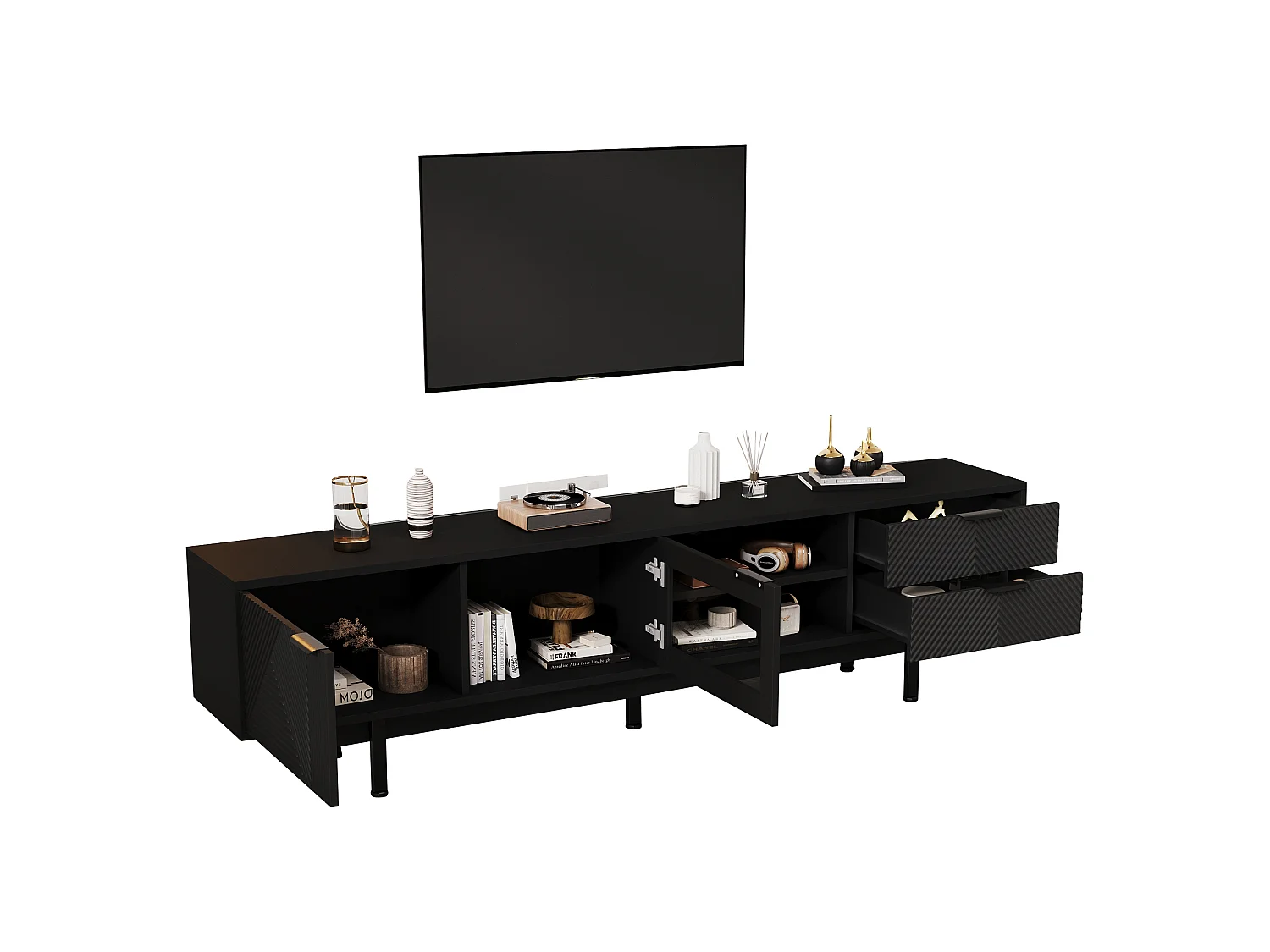 Moderne tv-kast - 200 x 40 x 50,5 cm - met 2 deuren + 2 laden - voor 80 inch tv - spaanplaat - zwart