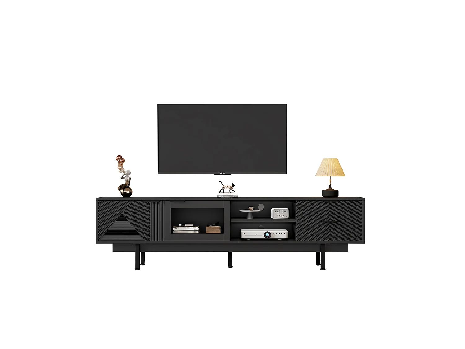 Moderne tv-kast - 200 x 40 x 50,5 cm - met 2 deuren + 2 laden - voor 80 inch tv - spaanplaat - zwart