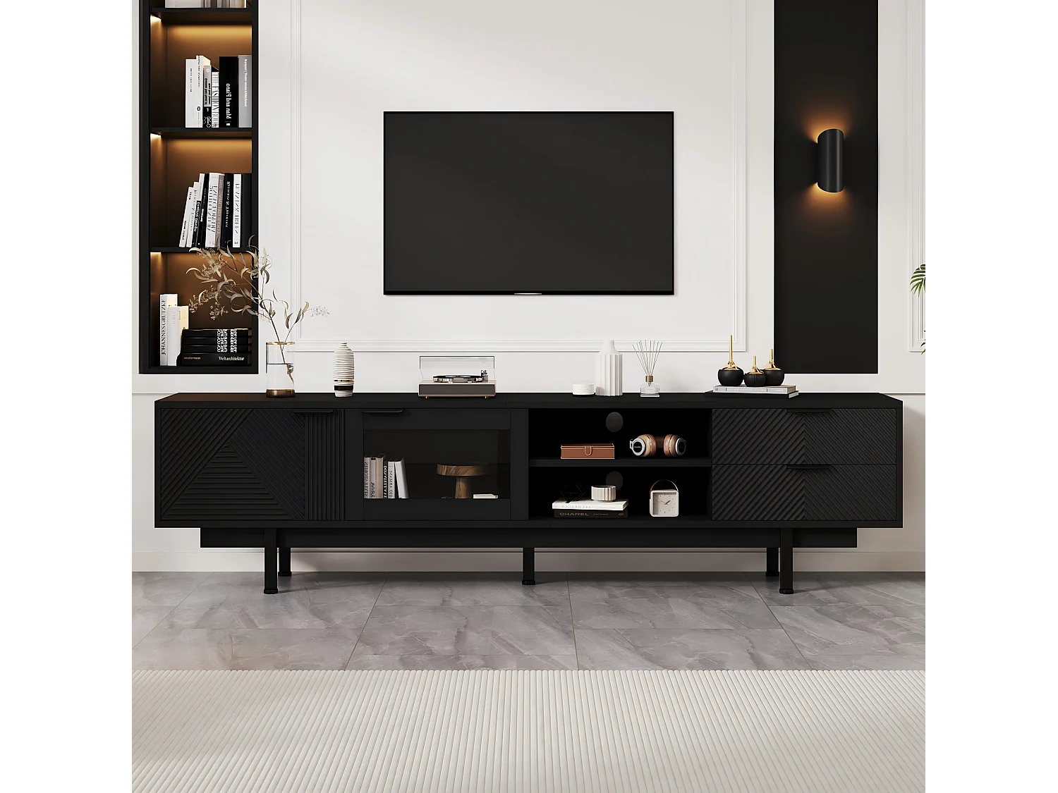 Moderne tv-kast - 200 x 40 x 50,5 cm - met 2 deuren + 2 laden - voor 80 inch tv - spaanplaat - zwart