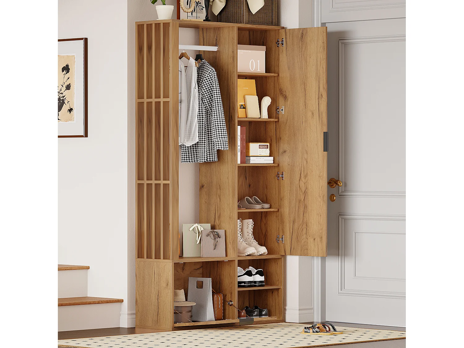 6-in-1 Kleiderschrank - 100 x 33 x 190 cm - mit Spiegel + Kleiderstange + 2 Türen - Spanplatte - Natur