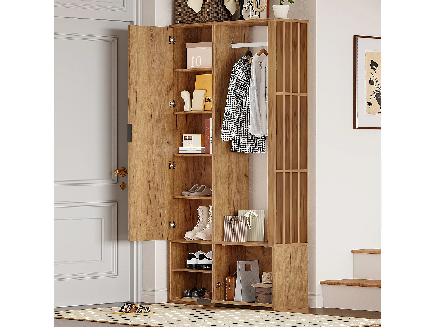6-in-1 Kleiderschrank - 100 x 33 x 190 cm - mit Spiegel + Kleiderstange + 2 Türen - Spanplatte - Natur