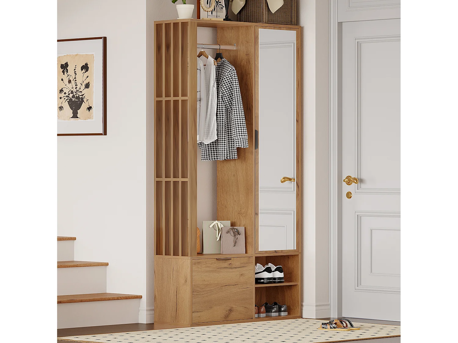 6-in-1 Kleiderschrank - 100 x 33 x 190 cm - mit Spiegel + Kleiderstange + 2 Türen - Spanplatte - Natur