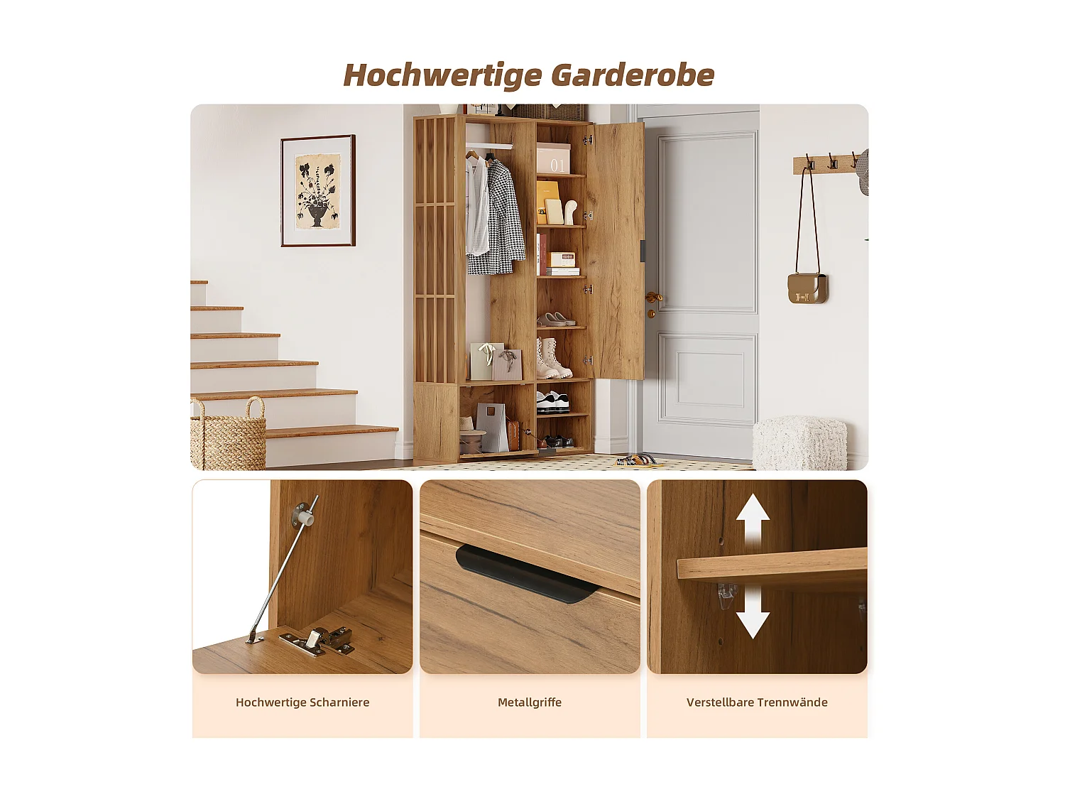 6-in-1 Kleiderschrank - 100 x 33 x 190 cm - mit Spiegel + Kleiderstange + 2 Türen - Spanplatte - Natur