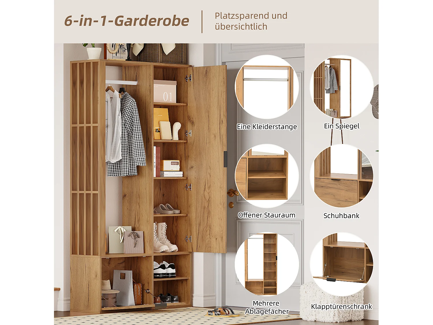 6-in-1 Kleiderschrank - 100 x 33 x 190 cm - mit Spiegel + Kleiderstange + 2 Türen - Spanplatte - Natur