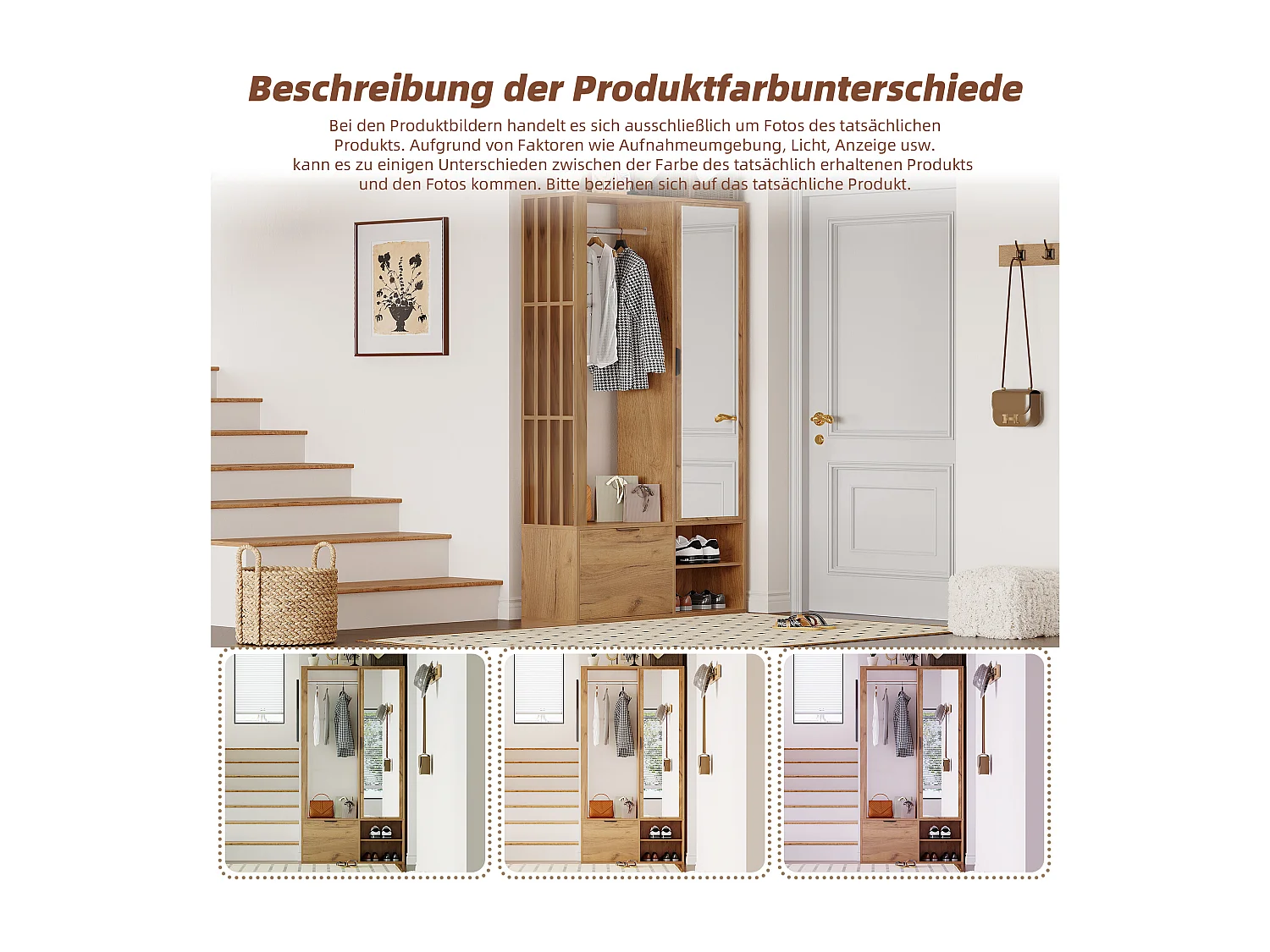 6-in-1 Kleiderschrank - 100 x 33 x 190 cm - mit Spiegel + Kleiderstange + 2 Türen - Spanplatte - Natur