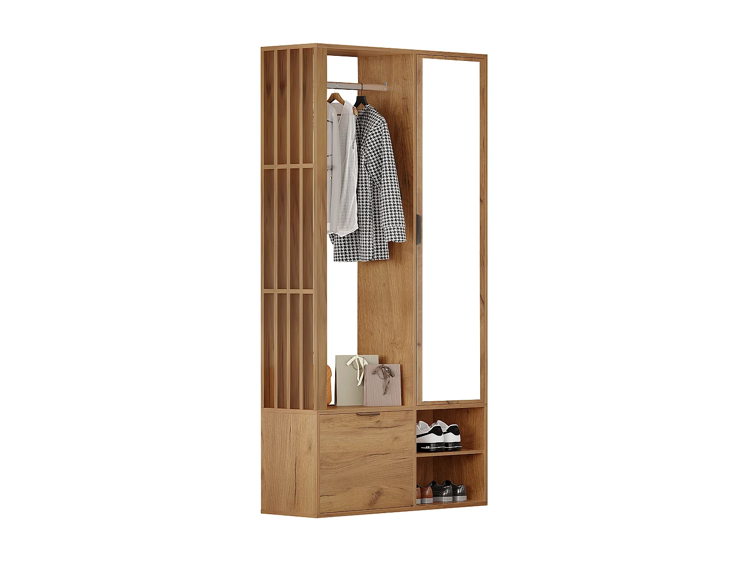 6-in-1 Kleiderschrank - 100 x 33 x 190 cm - mit Spiegel + Kleiderstange + 2 Türen - Spanplatte - Natur