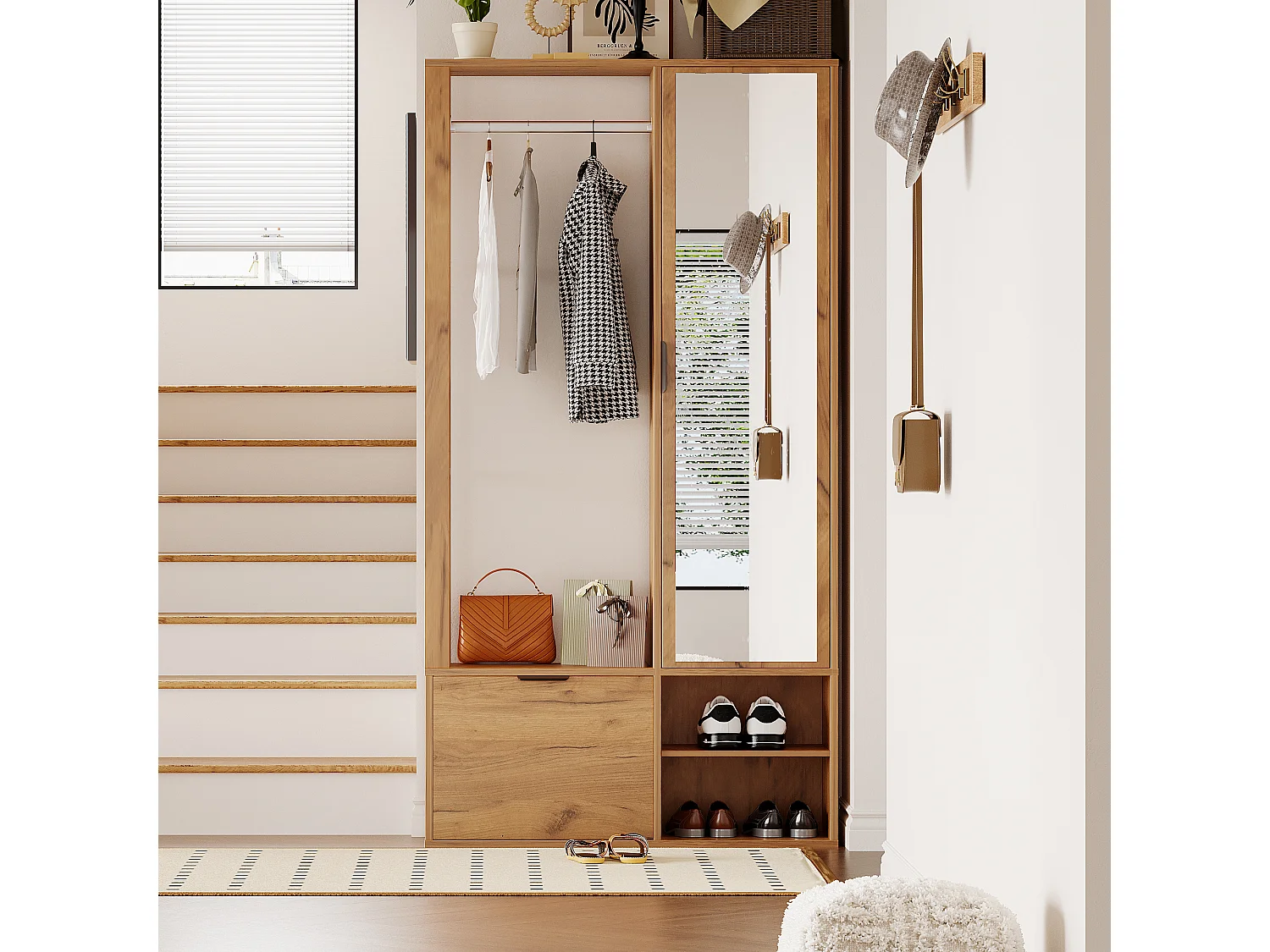 Guarda-roupa 6 em 1 - 100 x 33 x 190 cm - com espelho + cabideiro + 2 portas - aglomerado - natural